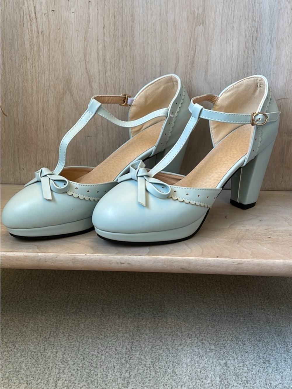 Pastel Blue T-Strap Bow Block Heels with Scalloped Trim